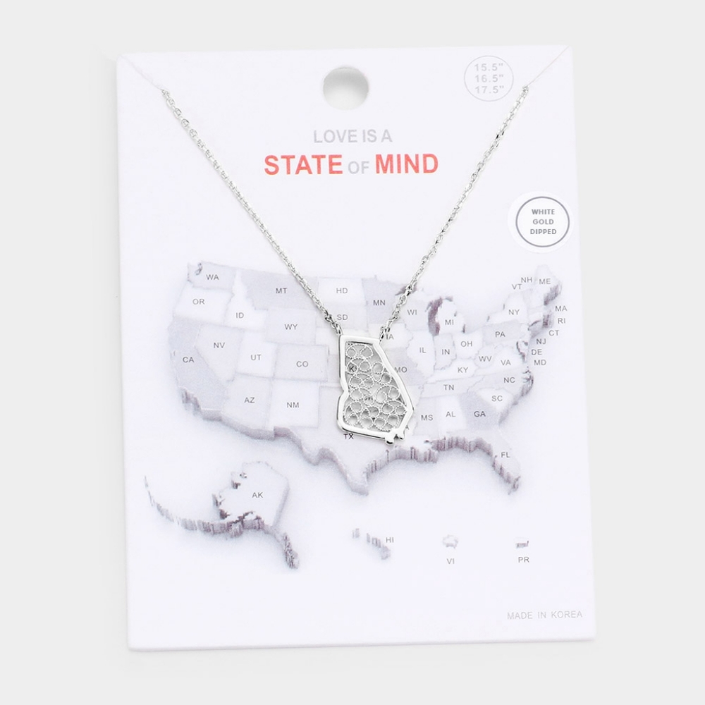White Gold Georgia Dipped Map State Pendant Necklace Chain Silver Charm Jewelry